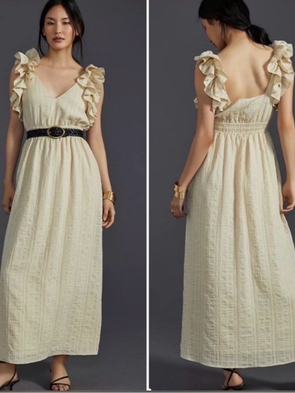 Anthropologie Cream Ruffle-Sleeve V-Neck Maxi Dress